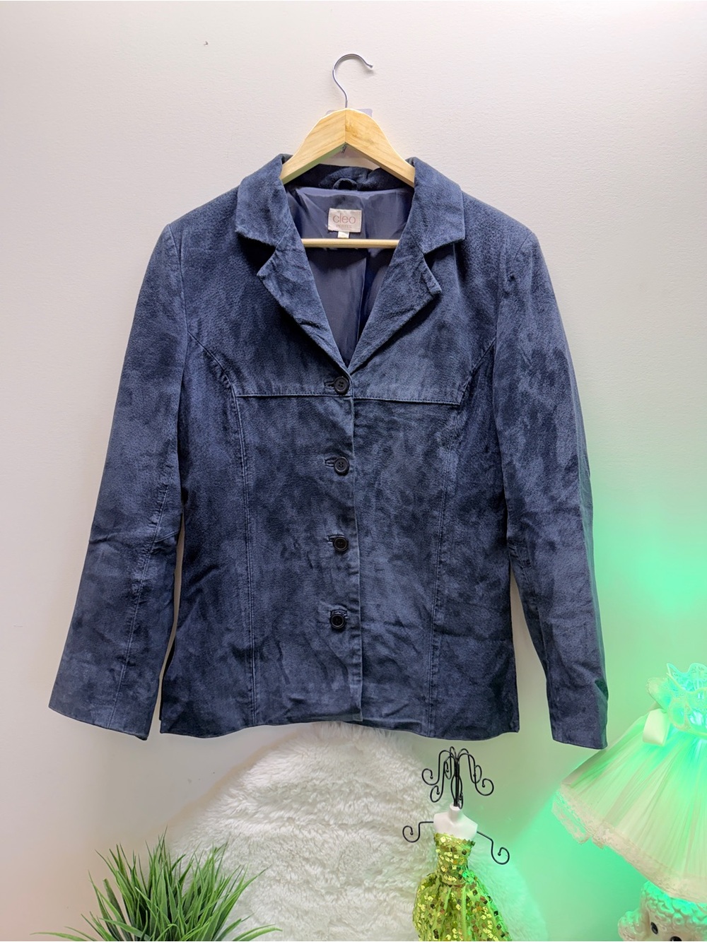 cleo Navy Blue Suede Leather Button Down Blazer Coastal Cowgirl Size 9 Jacket 🧥
